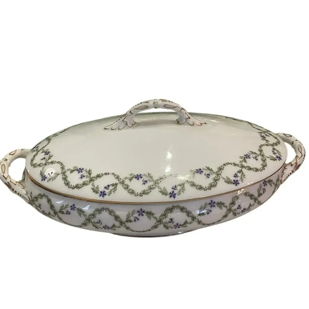 Vtg Limoge France oval vegetable dish green garland blue floral swag gold detail